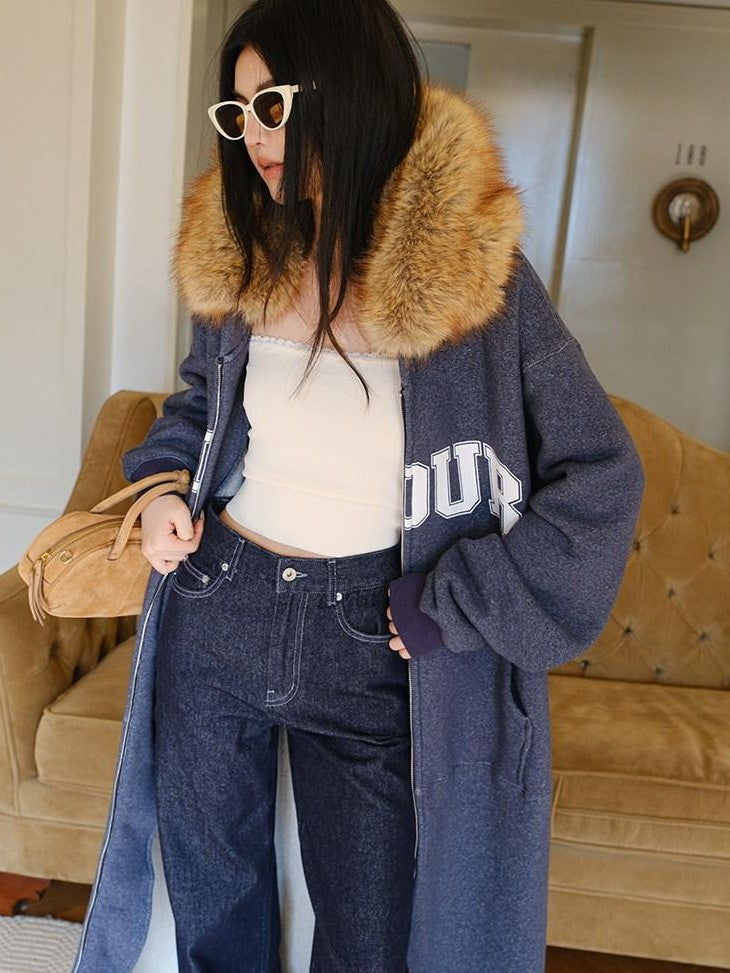 FU FRESH UP Cozy Slouchy Hooded Oversized Fur Collar Women&