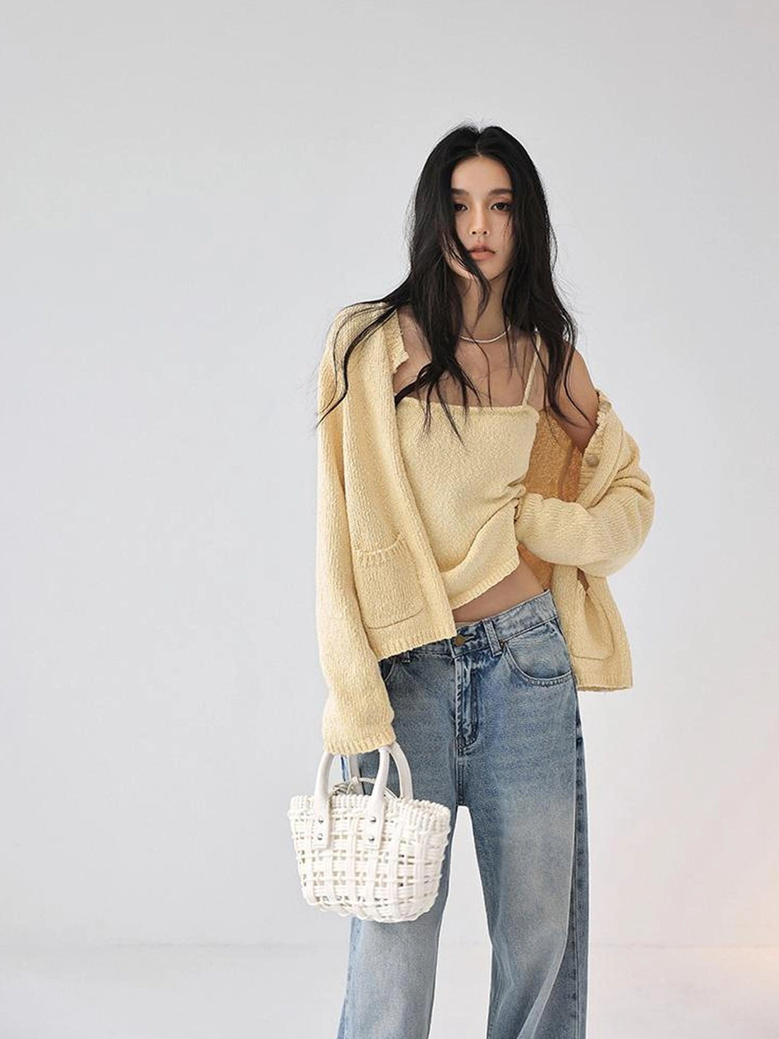 FU FRESH UP Cropped Knit Cardigan V-neck T-shirt Long Sleeve Camisole Set