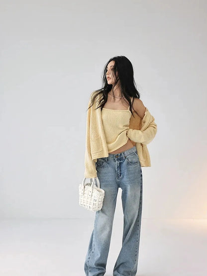 FU FRESH UP Cropped Knit Cardigan V-neck T-shirt Long Sleeve Camisole Set