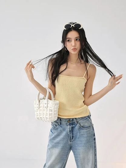 FU FRESH UP Cropped Knit Cardigan V-neck T-shirt Long Sleeve Camisole Set