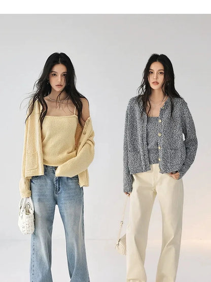 FU FRESH UP Cropped Knit Cardigan V-neck T-shirt Long Sleeve Camisole Set