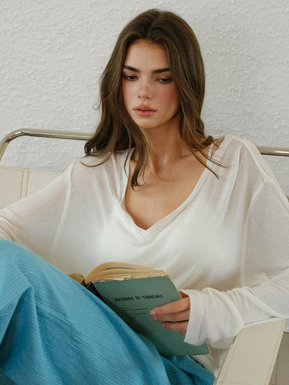 FU FRESH UP Deep V-neck Soft Drape Sheer Women&