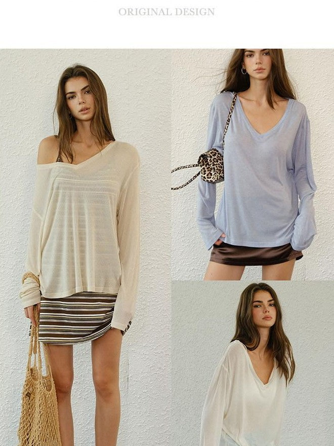 FU FRESH UP Deep V-neck Soft Drape Sheer Women&