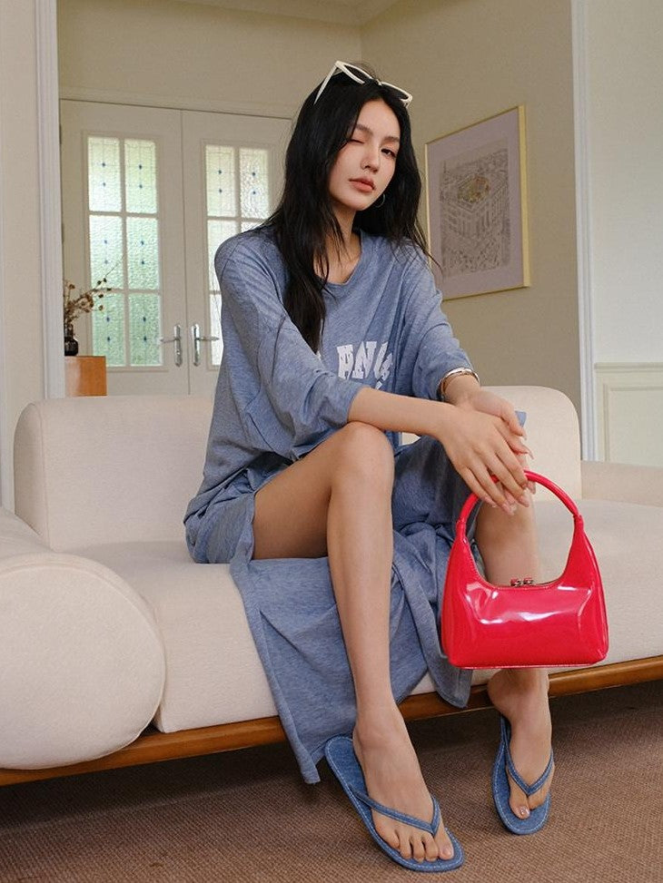 FU FRESH UP Denim Blue Letter Print Relaxed Fit Women&