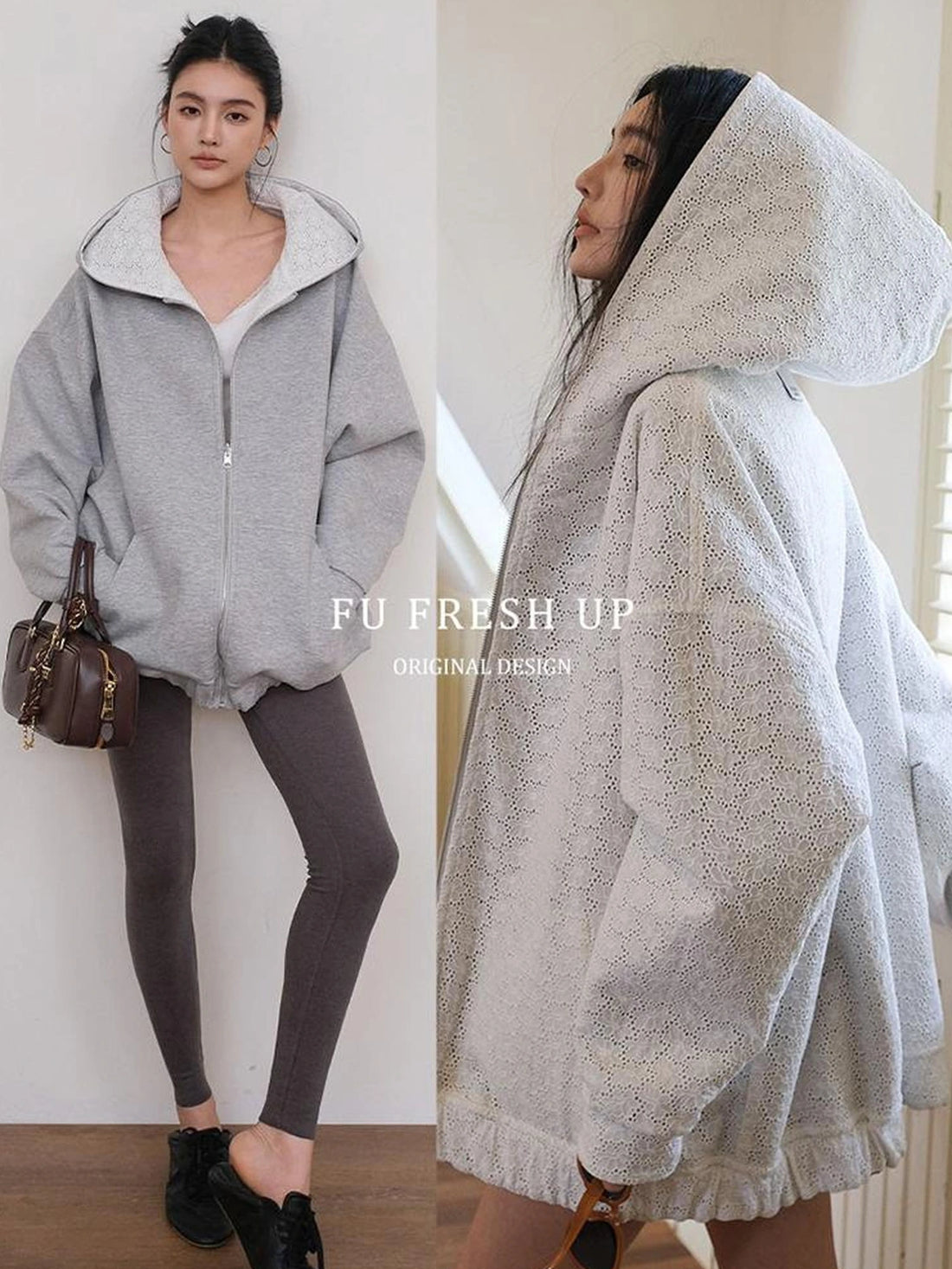 FU FRESH UP Double Faced Hooded Zip Up Sweatshirt