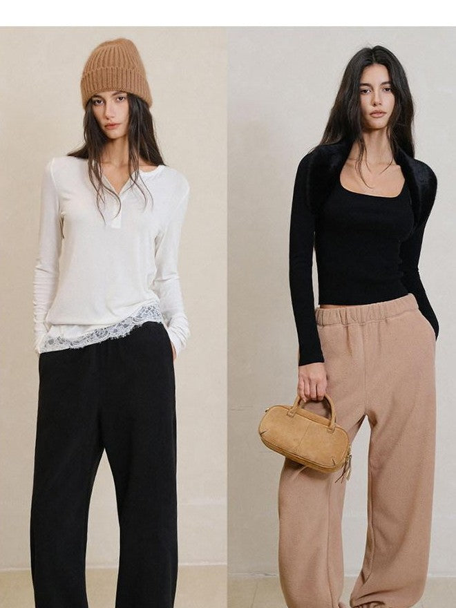 FU FRESH UP Double Sided Fleece High Waist Pockets Straight Leg Women&