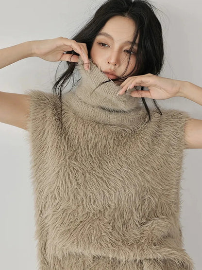 FU FRESH UP Eco Friendly Long Hair Mink High Neck Knit Vest