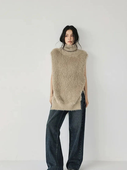 FU FRESH UP Eco Friendly Long Hair Mink High Neck Knit Vest
