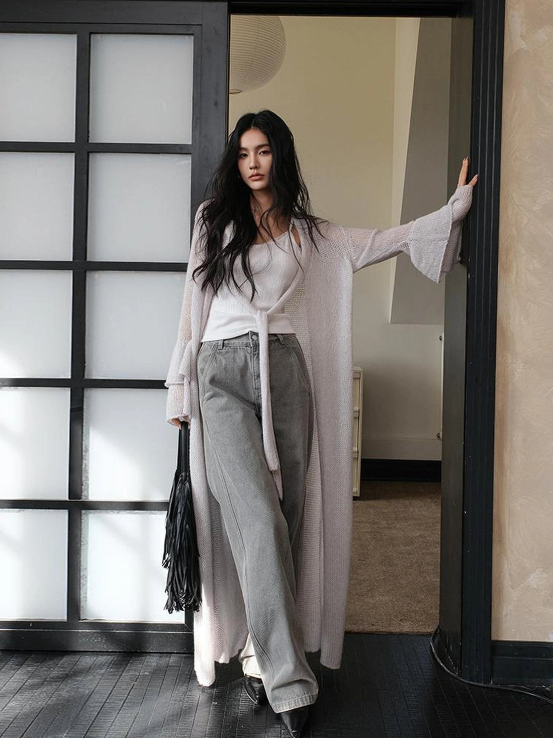 FU FRESH UP Elegant Belted Cashmere Wool Long Cardigan