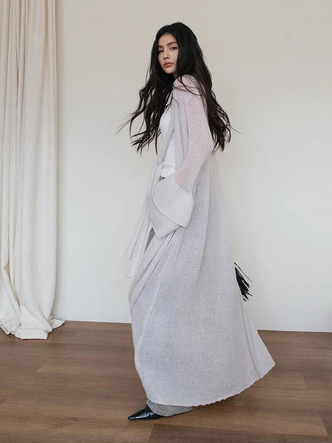FU FRESH UP Elegant Belted Cashmere Wool Long Cardigan