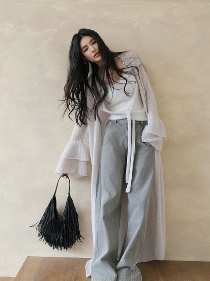 FU FRESH UP Elegant Belted Cashmere Wool Long Cardigan