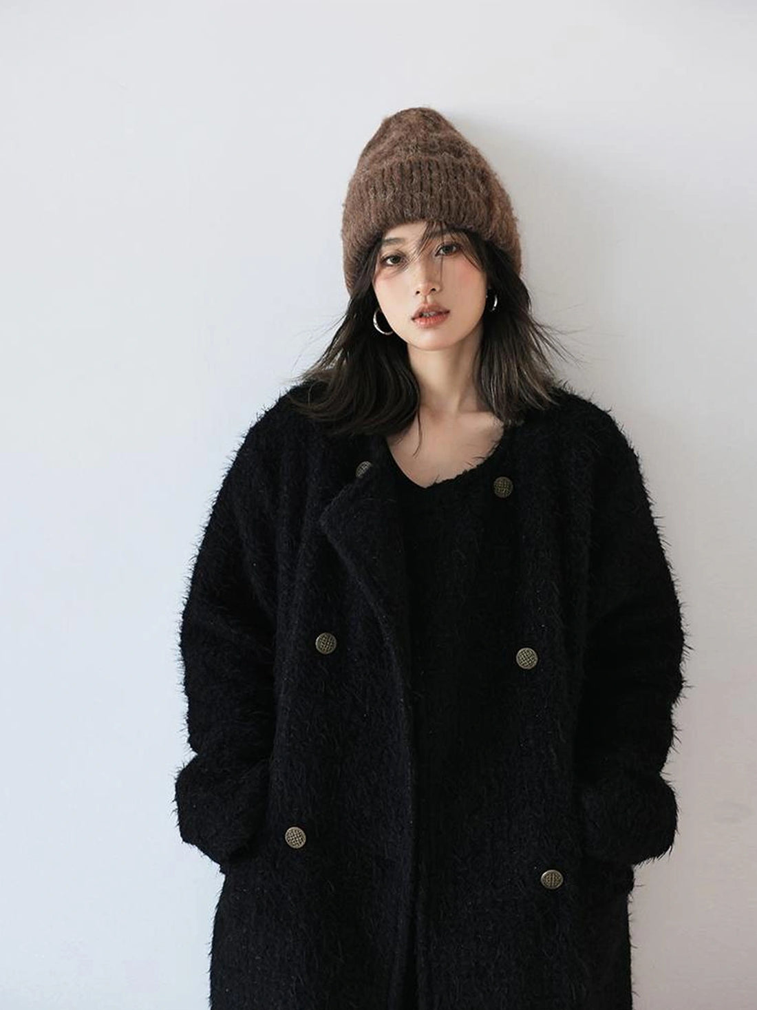 FU FRESH UP Elegant Wool Blend Long Coat With Metallic Yarn