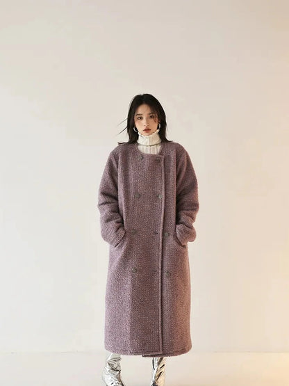 FU FRESH UP Elegant Wool Blend Long Coat With Metallic Yarn