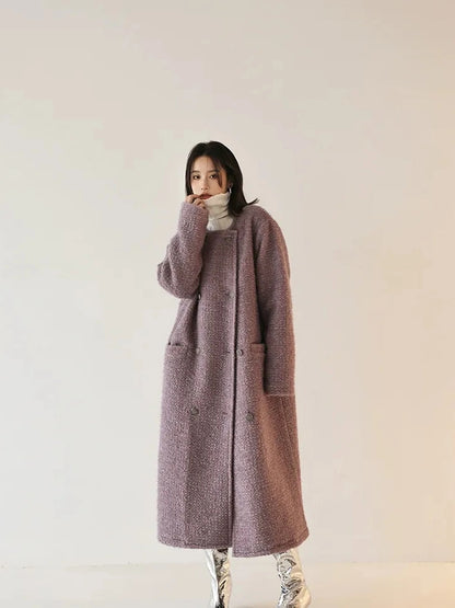 FU FRESH UP Elegant Wool Blend Long Coat With Metallic Yarn