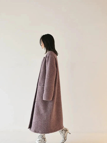FU FRESH UP Elegant Wool Blend Long Coat With Metallic Yarn