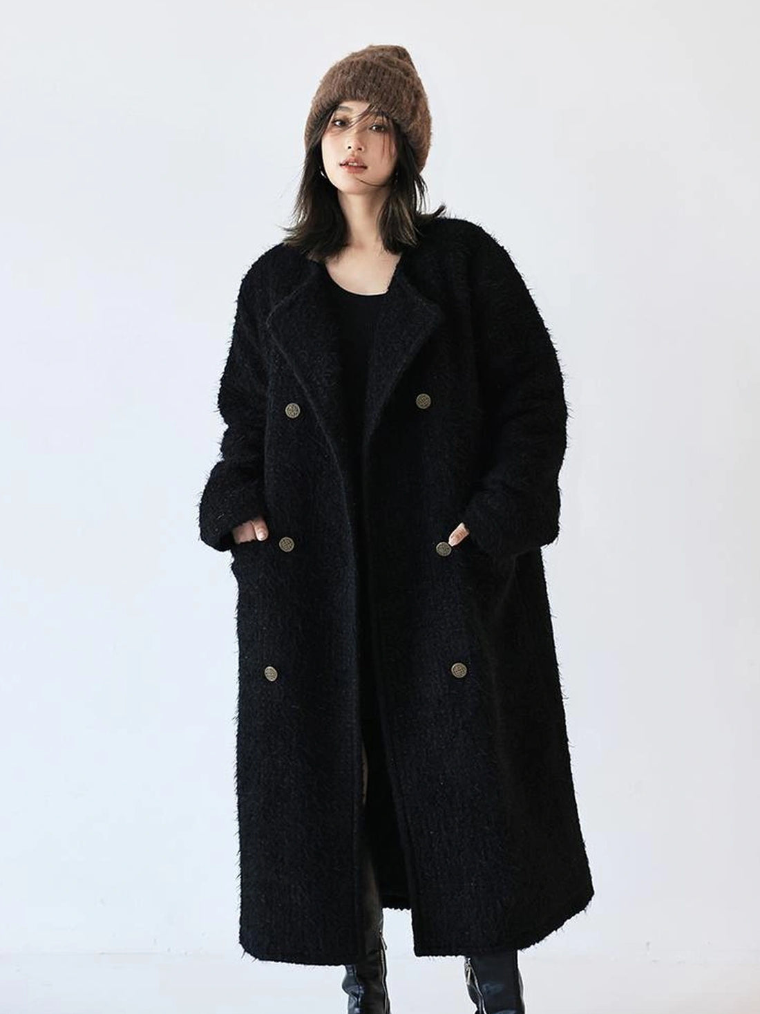 FU FRESH UP Elegant Wool Blend Long Coat With Metallic Yarn