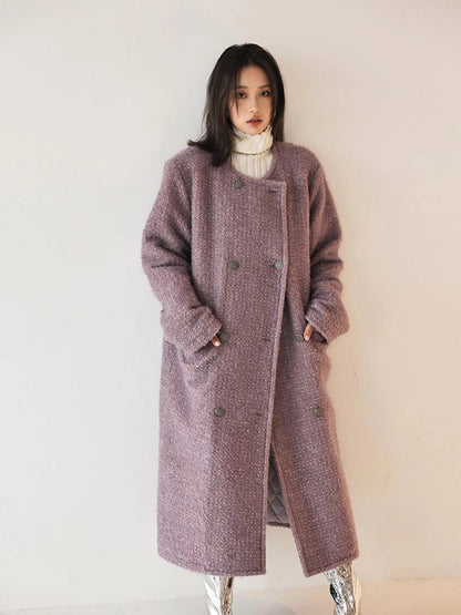 FU FRESH UP Elegant Wool Blend Long Coat With Metallic Yarn