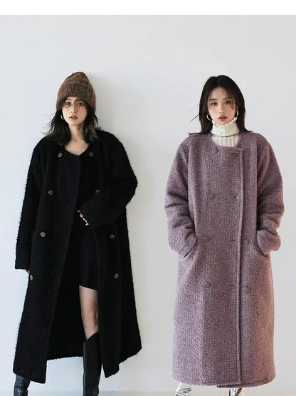 FU FRESH UP Elegant Wool Blend Long Coat With Metallic Yarn