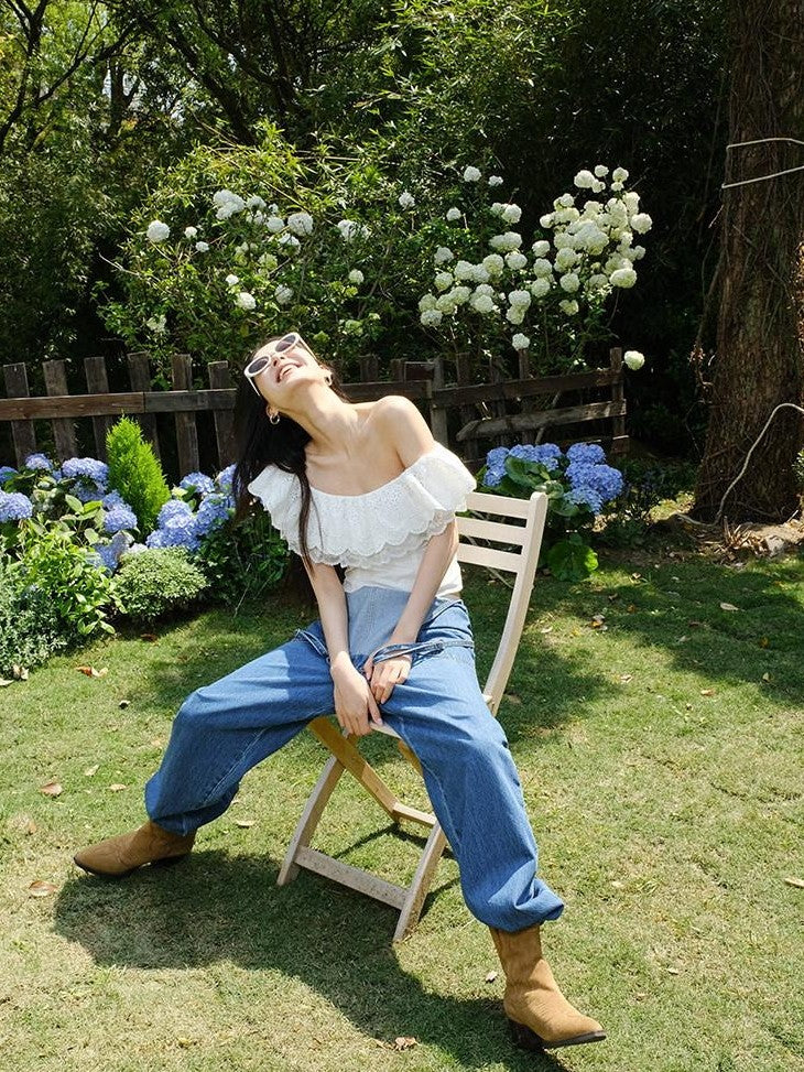 FU FRESH UP Embroidered Lace Ruffle Slim Fit Women&