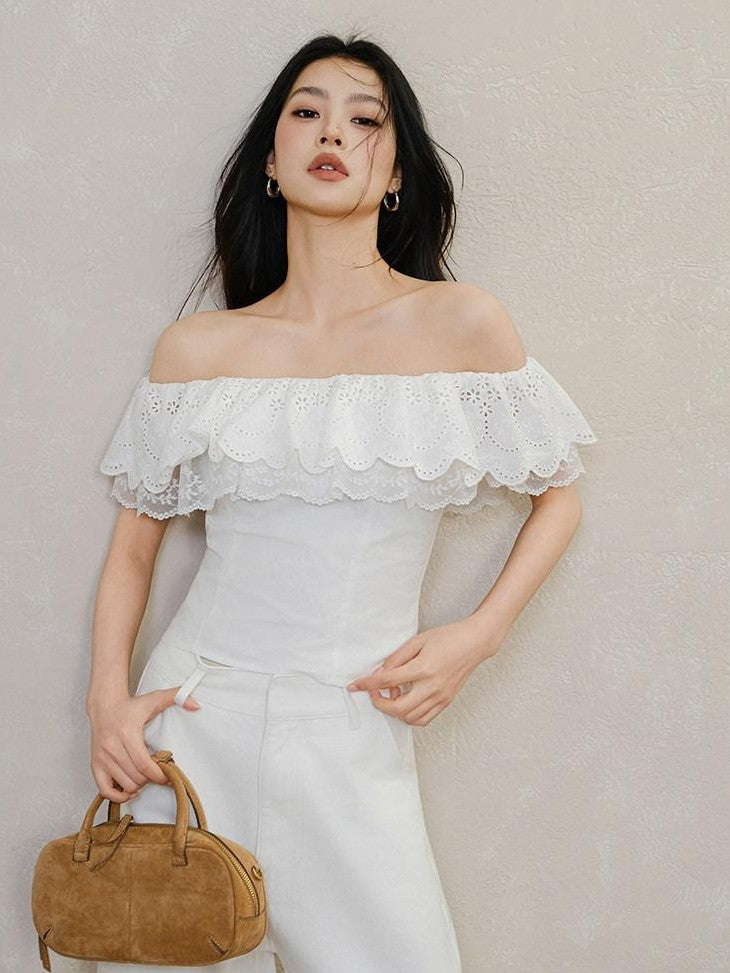 FU FRESH UP Embroidered Lace Ruffle Slim Fit Women&