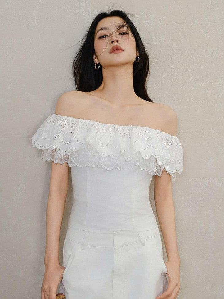 FU FRESH UP Embroidered Lace Ruffle Slim Fit Women&