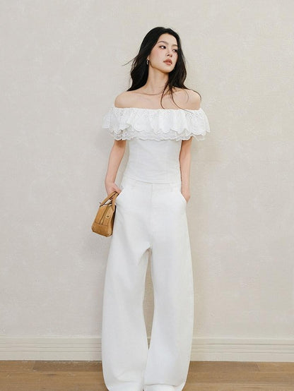 FU FRESH UP Embroidered Lace Ruffle Slim Fit Women&