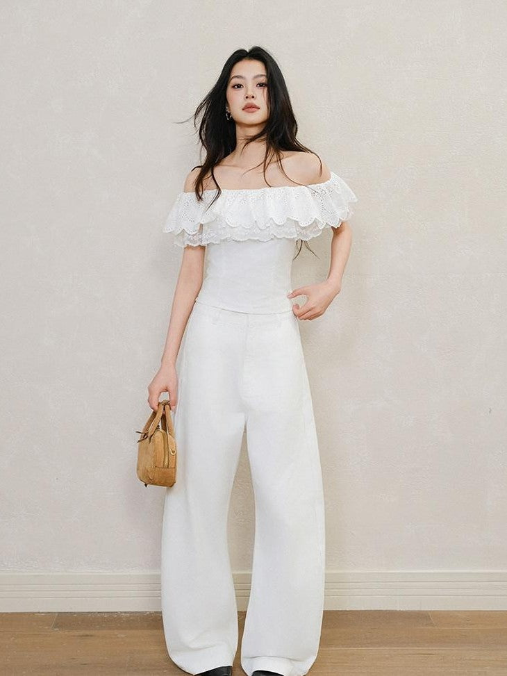 FU FRESH UP Embroidered Lace Ruffle Slim Fit Women&