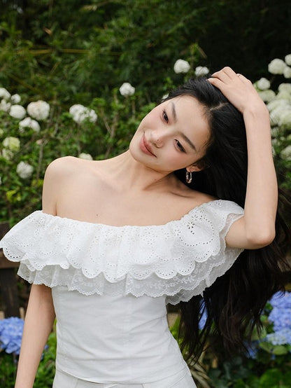 FU FRESH UP Embroidered Lace Ruffle Slim Fit Women&