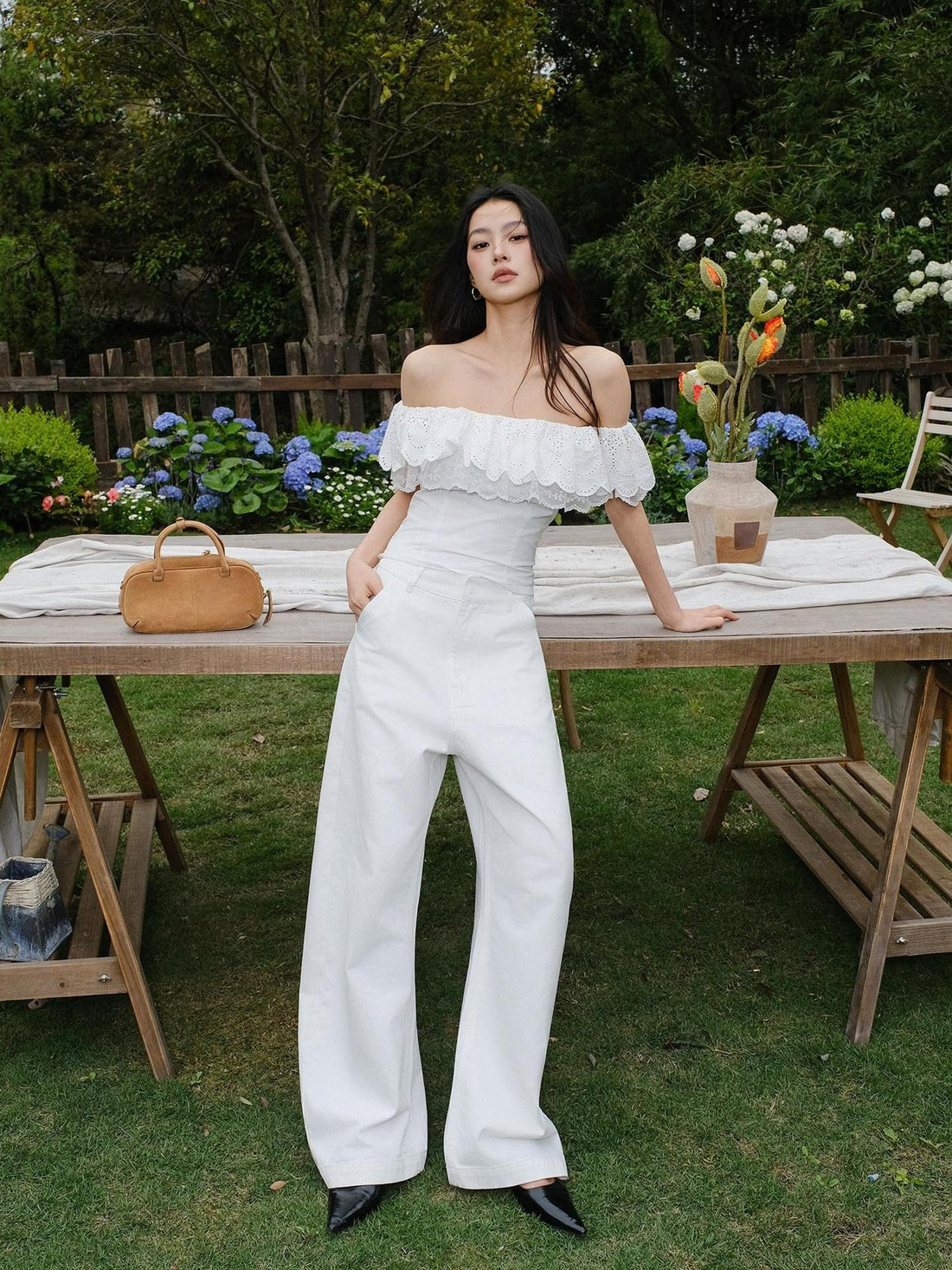 FU FRESH UP Embroidered Lace Ruffle Slim Fit Women&