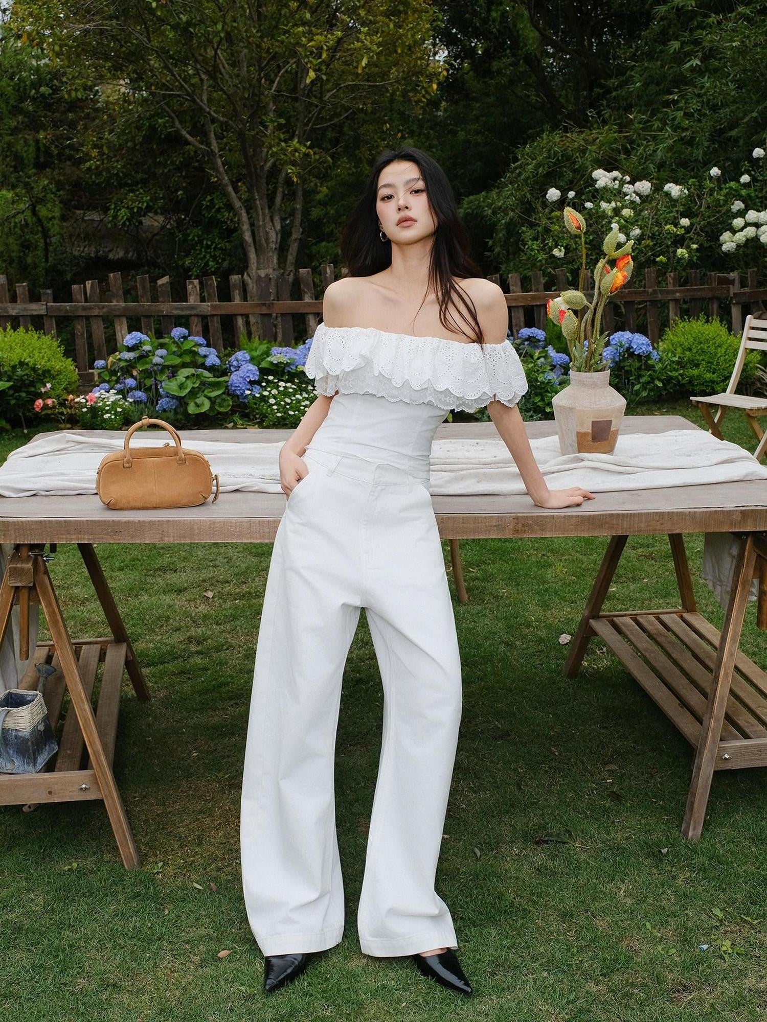 FU FRESH UP Embroidered Lace Ruffle Slim Fit Women&