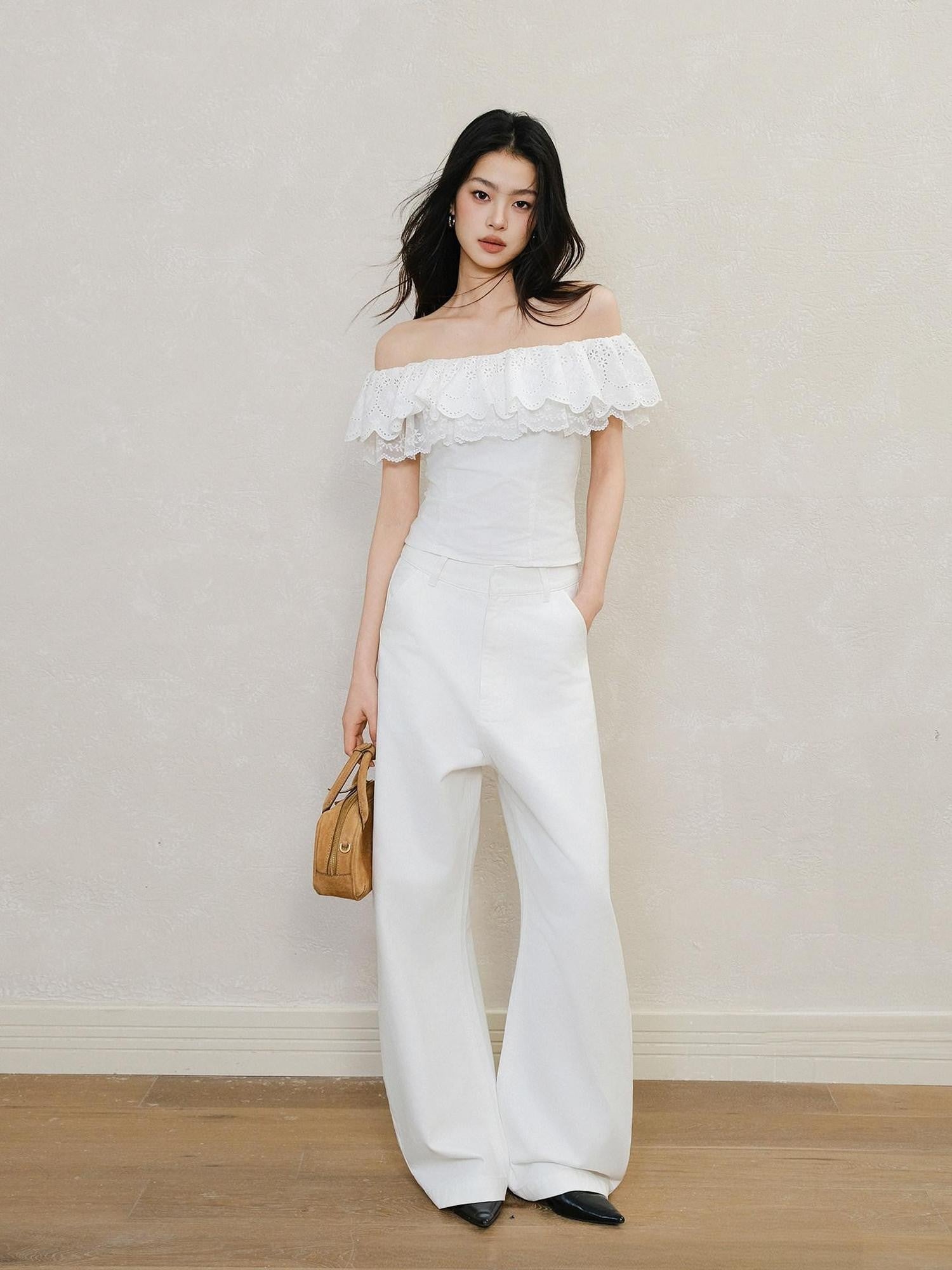 FU FRESH UP Embroidered Lace Ruffle Slim Fit Women&