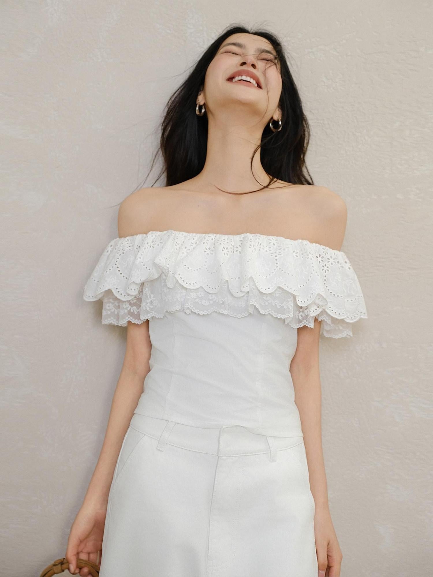 FU FRESH UP Embroidered Lace Ruffle Slim Fit Women&