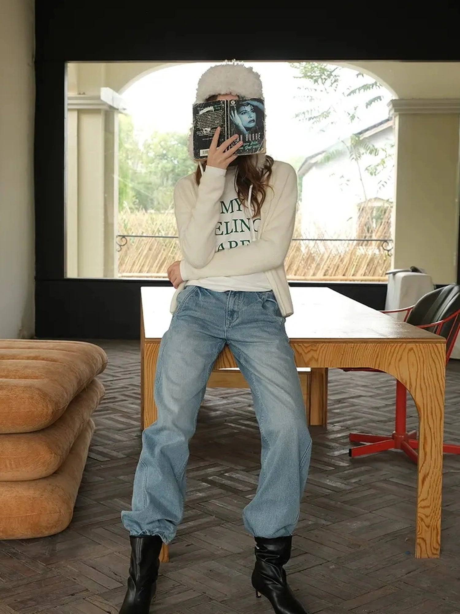 Embroidered Lettering Brushed Long Sleeve Tee