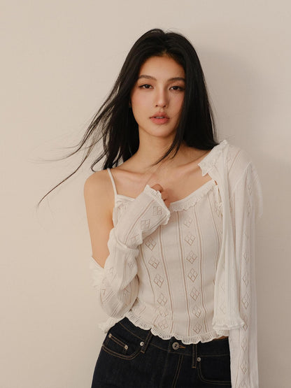 FU FRESH UP Eyelet Lace Knit Long Sleeve Women&