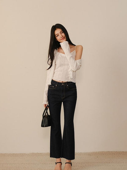 FU FRESH UP Eyelet Lace Knit Long Sleeve Women&