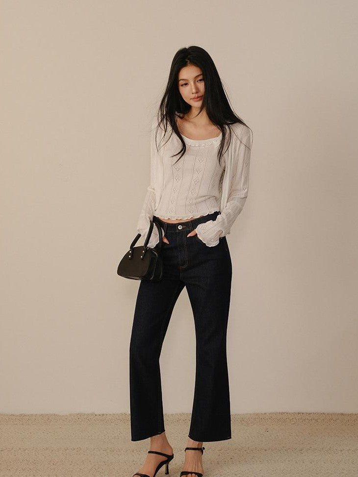 FU FRESH UP Eyelet Lace Knit Long Sleeve Women&