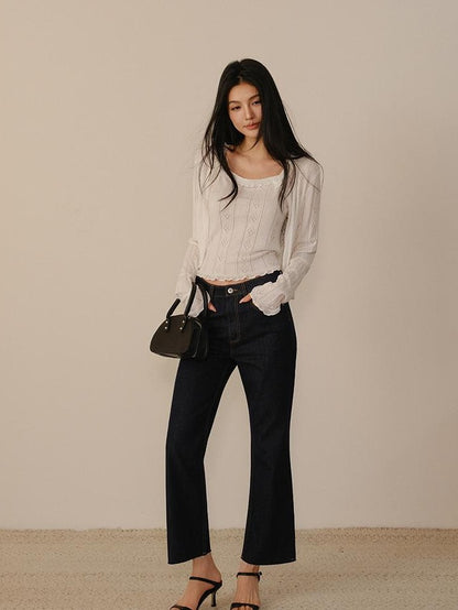 FU FRESH UP Eyelet Lace Knit Long Sleeve Women&