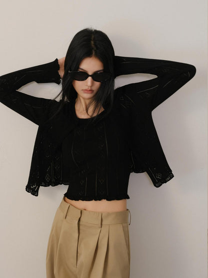 FU FRESH UP Eyelet Lace Knit Long Sleeve Women&