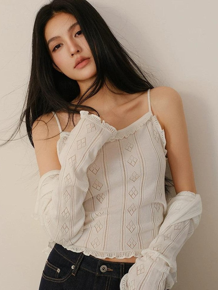 FU FRESH UP Eyelet Lace Knit Long Sleeve Women&