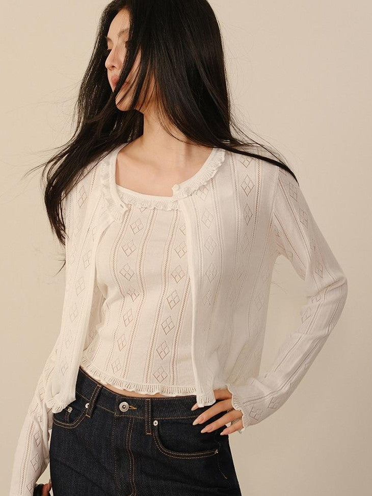 FU FRESH UP Eyelet Lace Knit Long Sleeve Women&