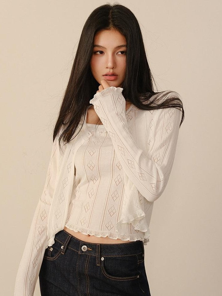 FU FRESH UP Eyelet Lace Knit Long Sleeve Women&