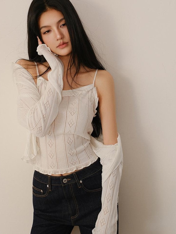 FU FRESH UP Eyelet Lace Knit Long Sleeve Women&