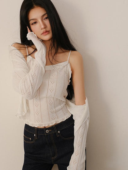 FU FRESH UP Eyelet Lace Knit Long Sleeve Women&