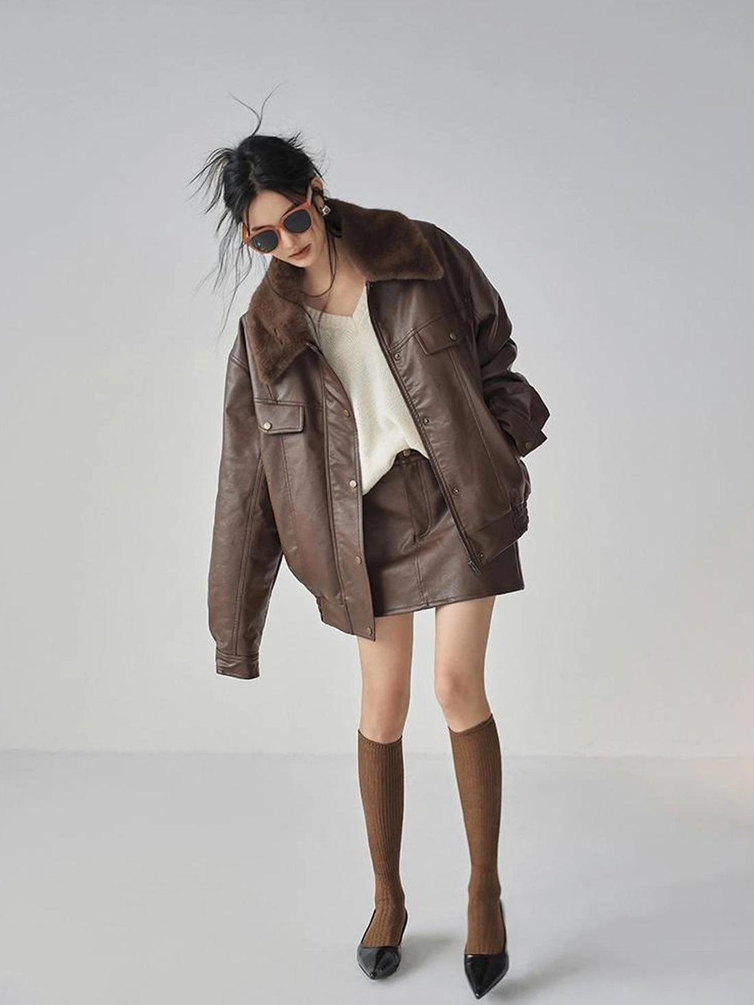 FU FRESH UP Fall Winter Eco Pu Shearling Collar Jacket