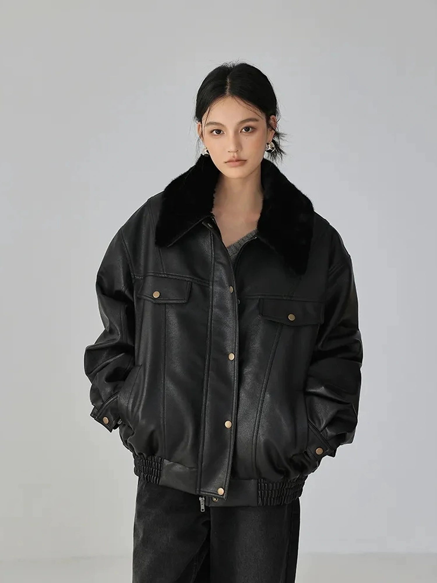 FU FRESH UP Fall Winter Eco Pu Shearling Collar Jacket