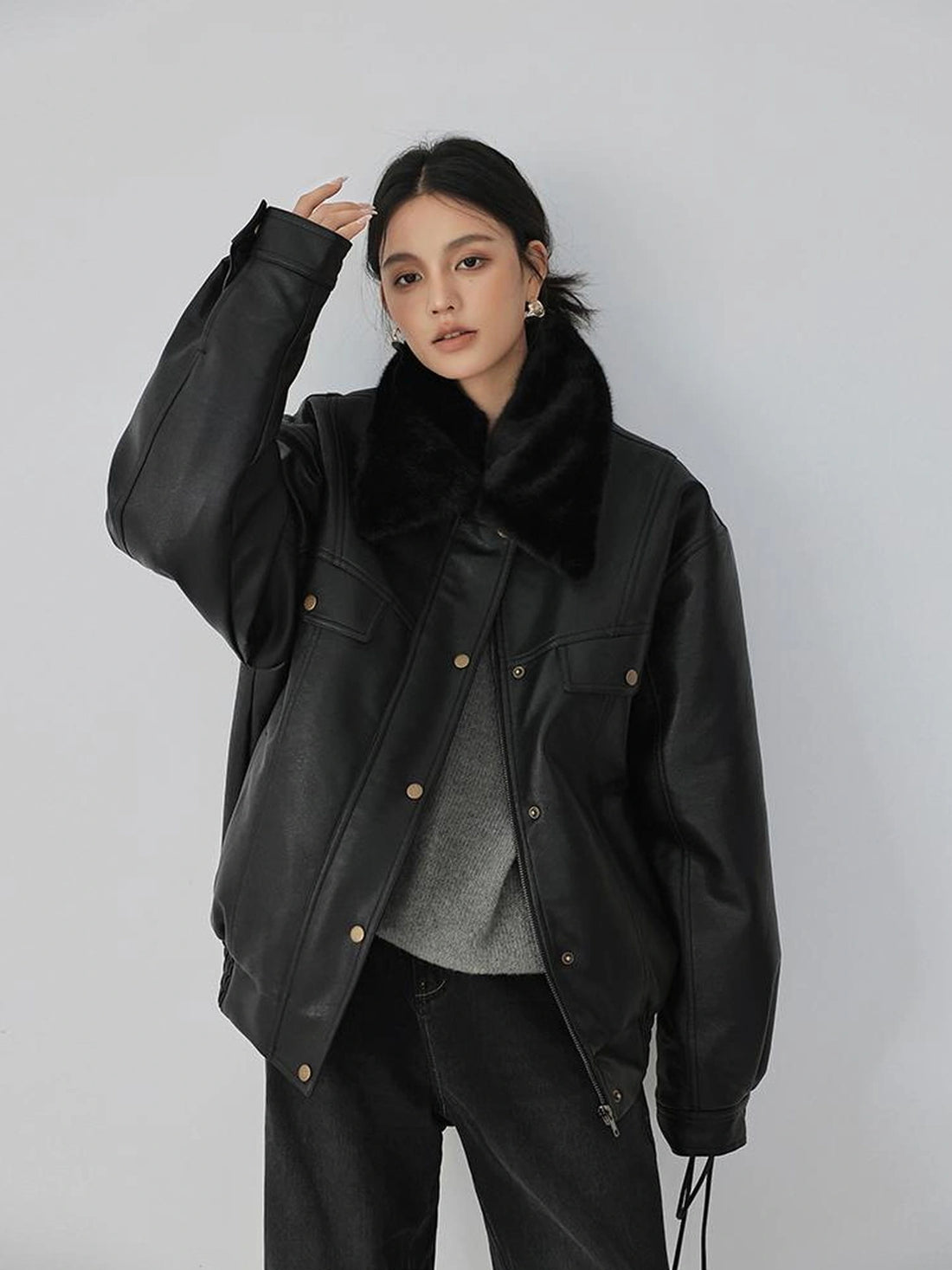 FU FRESH UP Fall Winter Eco Pu Shearling Collar Jacket