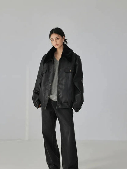 FU FRESH UP Fall Winter Eco Pu Shearling Collar Jacket