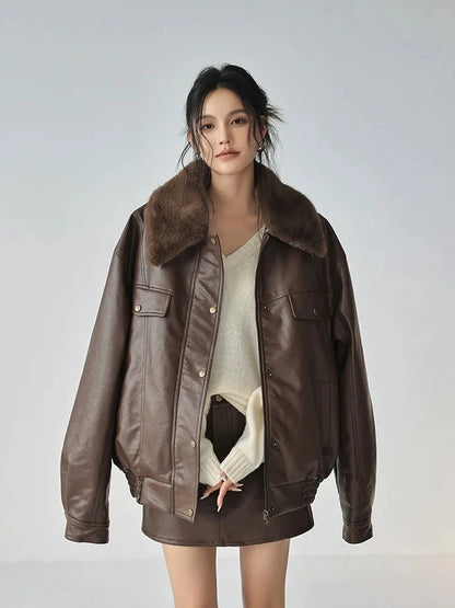 FU FRESH UP Fall Winter Eco Pu Shearling Collar Jacket