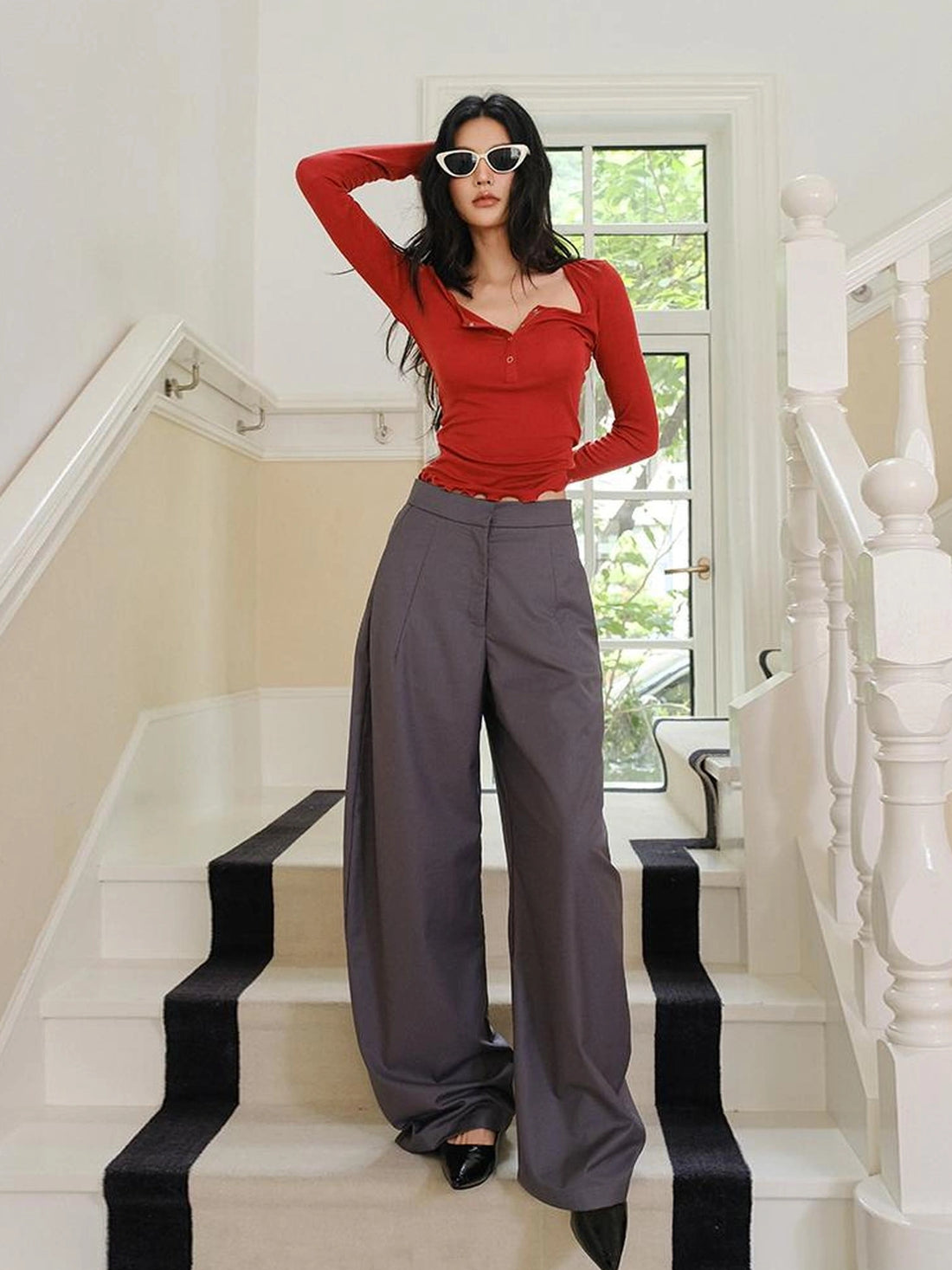 FU FRESH UP Fall Winter Lem Style Drop Shaped Wide Leg Trousers