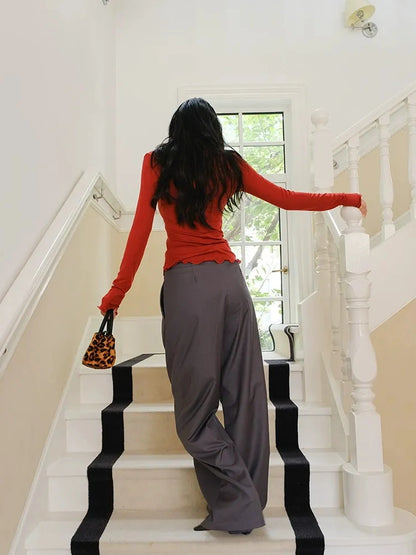 FU FRESH UP Fall Winter Lem Style Drop Shaped Wide Leg Trousers